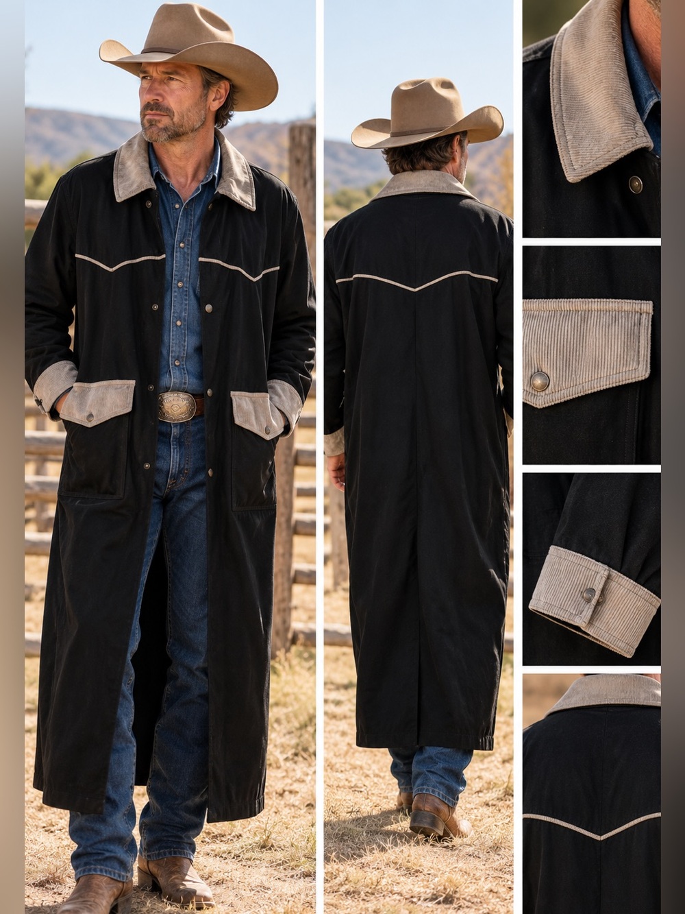 Rare Vintage Wear of the West L Black Western Duster Coat Cotton Corduroy USA